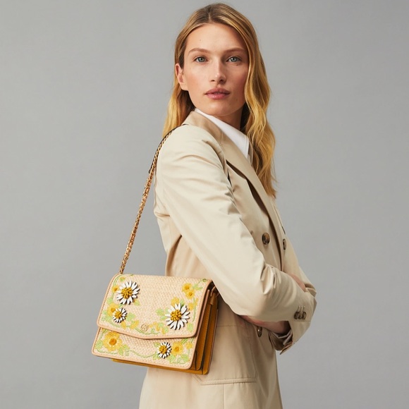 Tory Burch Bags Tory Burch Robinson Floral Embroidered Straw Convertible Shoulder Bag